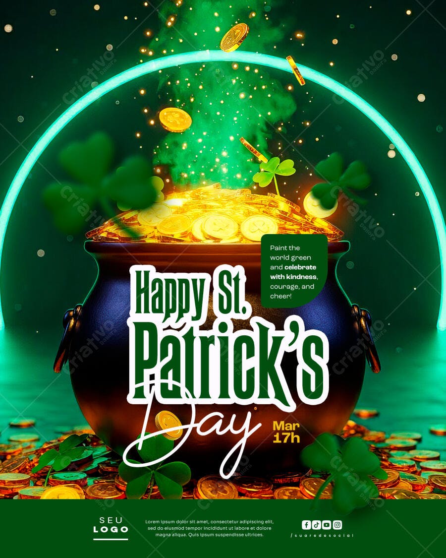 Flyer Happy St. Patrick's Day Caldeirão Moedas Trevos PSD Editável
