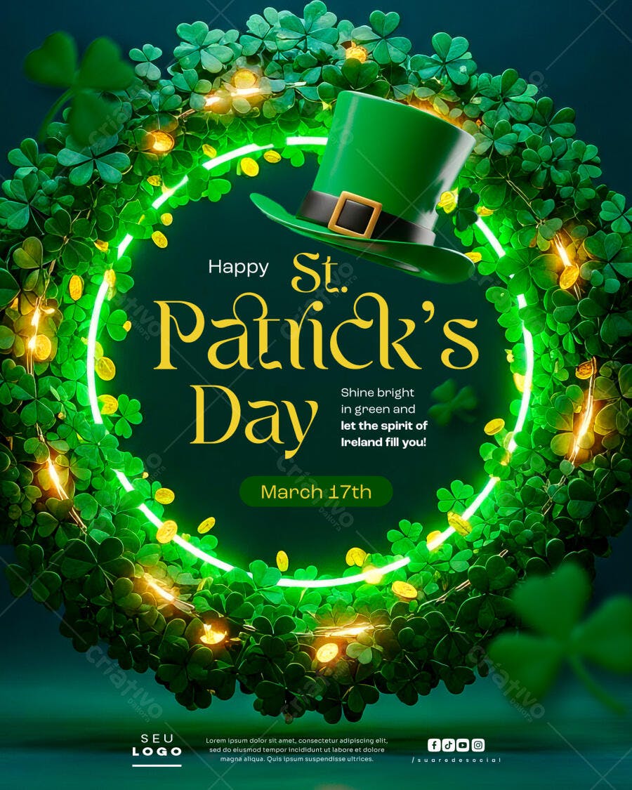 Flyer St. Patrick's Day com Trevos e Chapéu PSD Editável