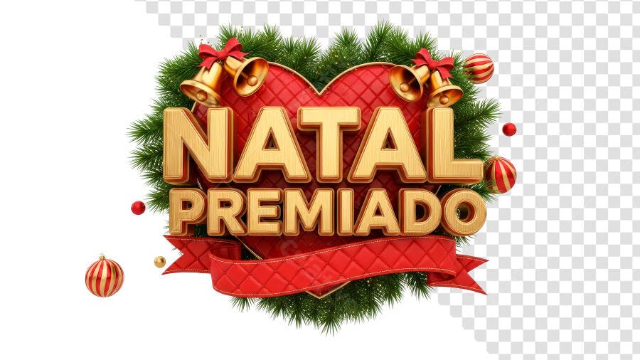 Selo 3D de promoção Natal Premiado dourado metálico com guirlanda e coração vermelho