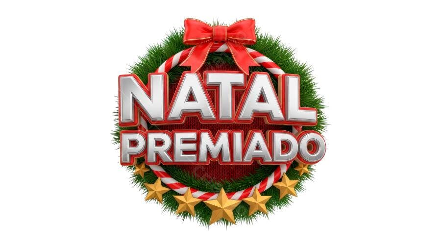 Selo 3D de premiação Natalina festivo dourado prateado com guirlanda e laço