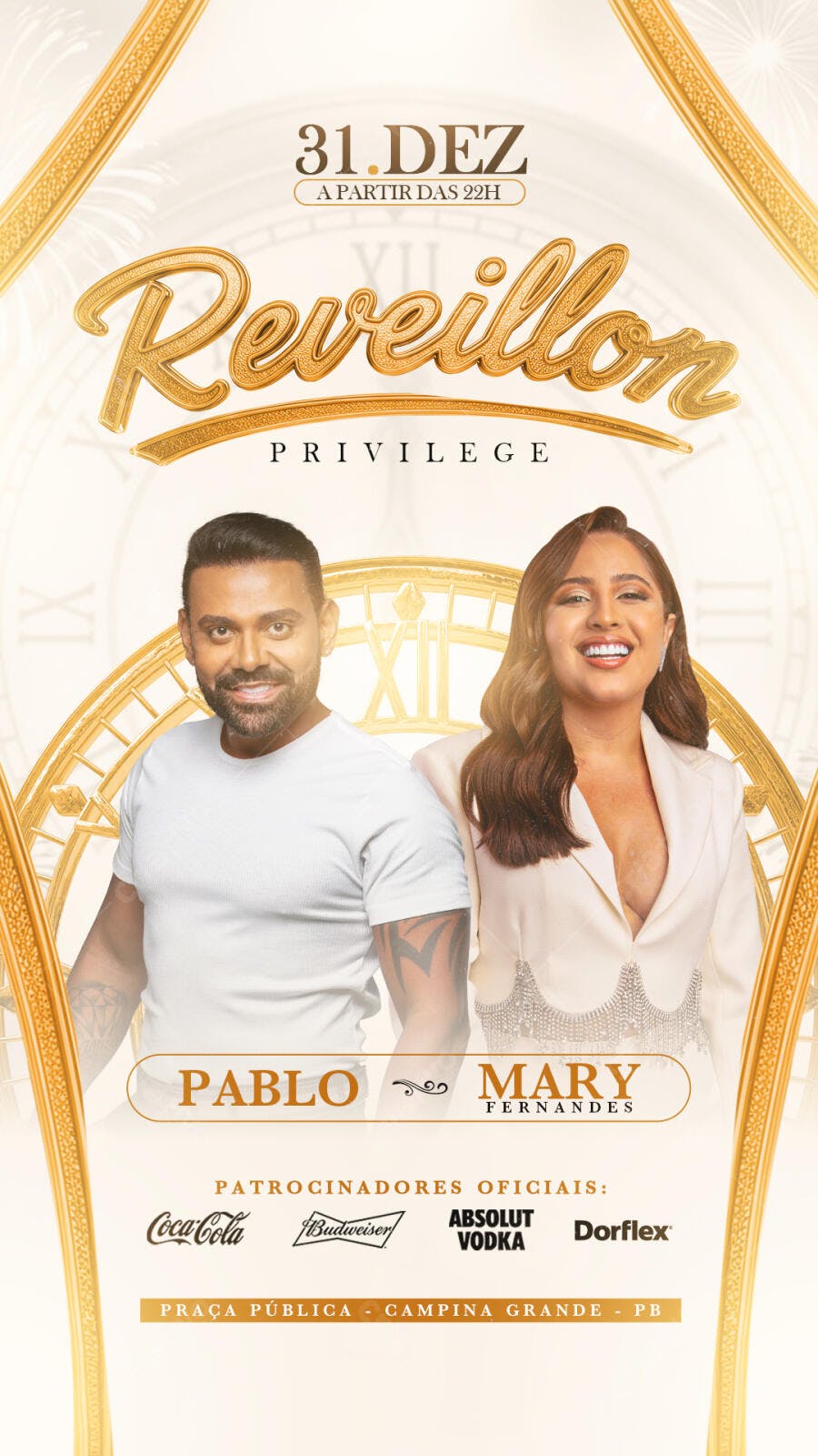Flyer Réveillon Dourado 31.Dez com Pablo e Mary Fernandes PSD Editável
