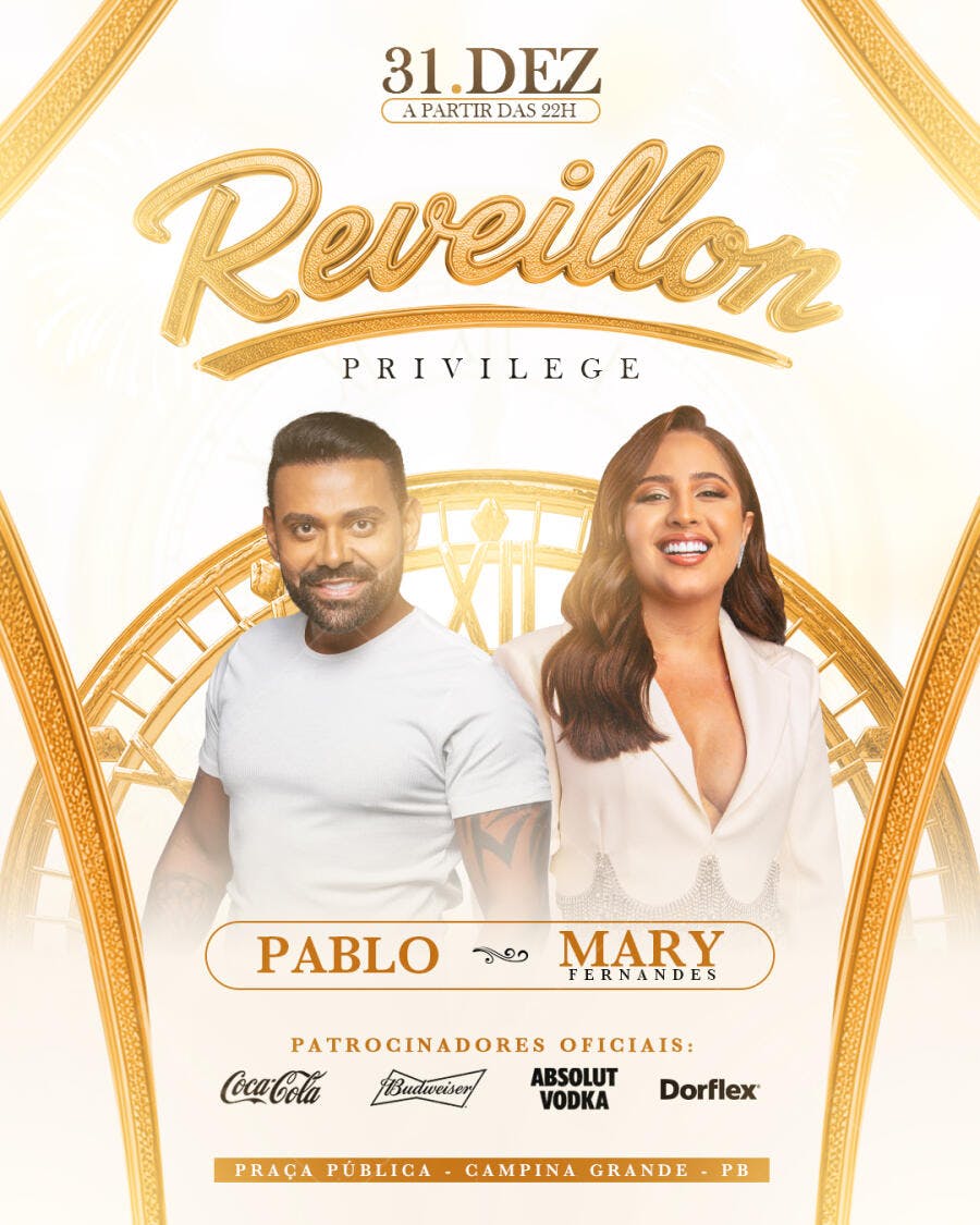 Flyer Reveillon Privilege Pablo e Mary Fernandes Dourado Psd Editável