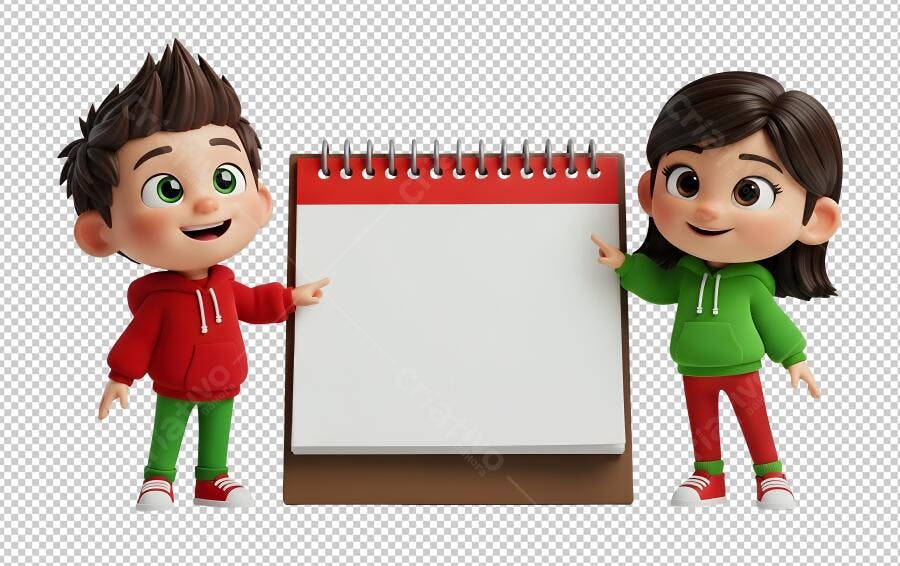 Ilustração 3D Crianças Apresentando Calendário Vermelho Branco PNG com fundo transparente