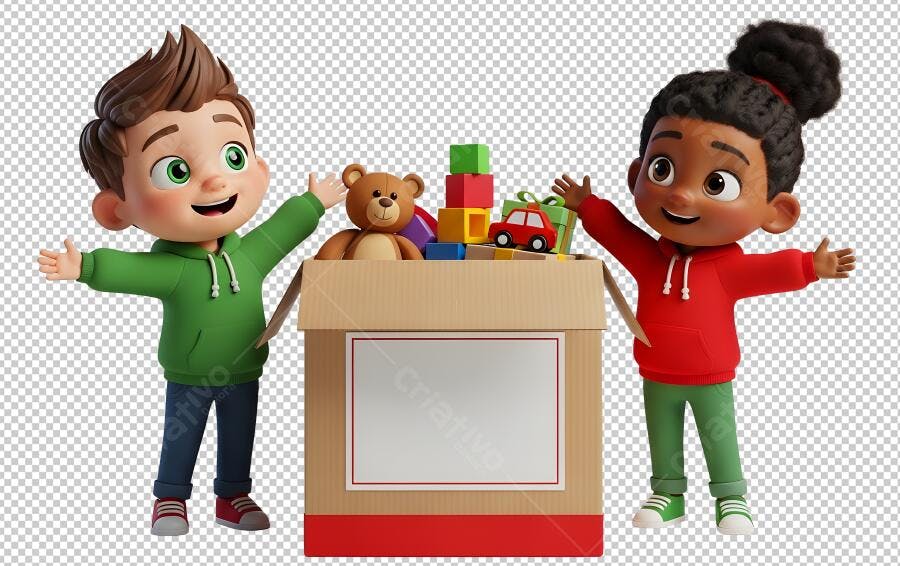 Ilustração 3D Crianças Felizes Doando Brinquedos Menino e Menina PNG com fundo transparente