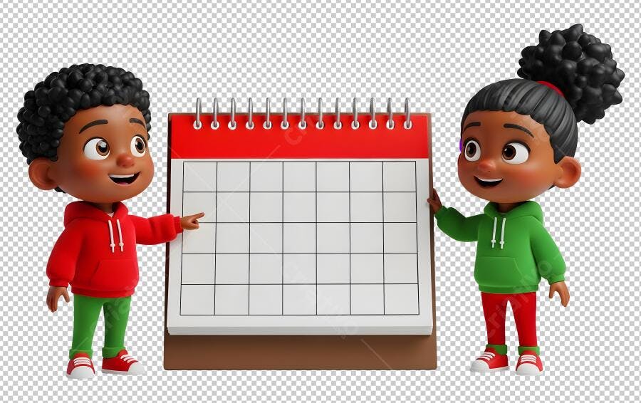 Ilustração 3D Crianças Negras com Calendário Planejamento PNG com fundo transparente