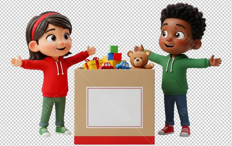 Ilustração 3D Crianças Felizes Brinquedos Caixa de Doação PNG com fundo transparente