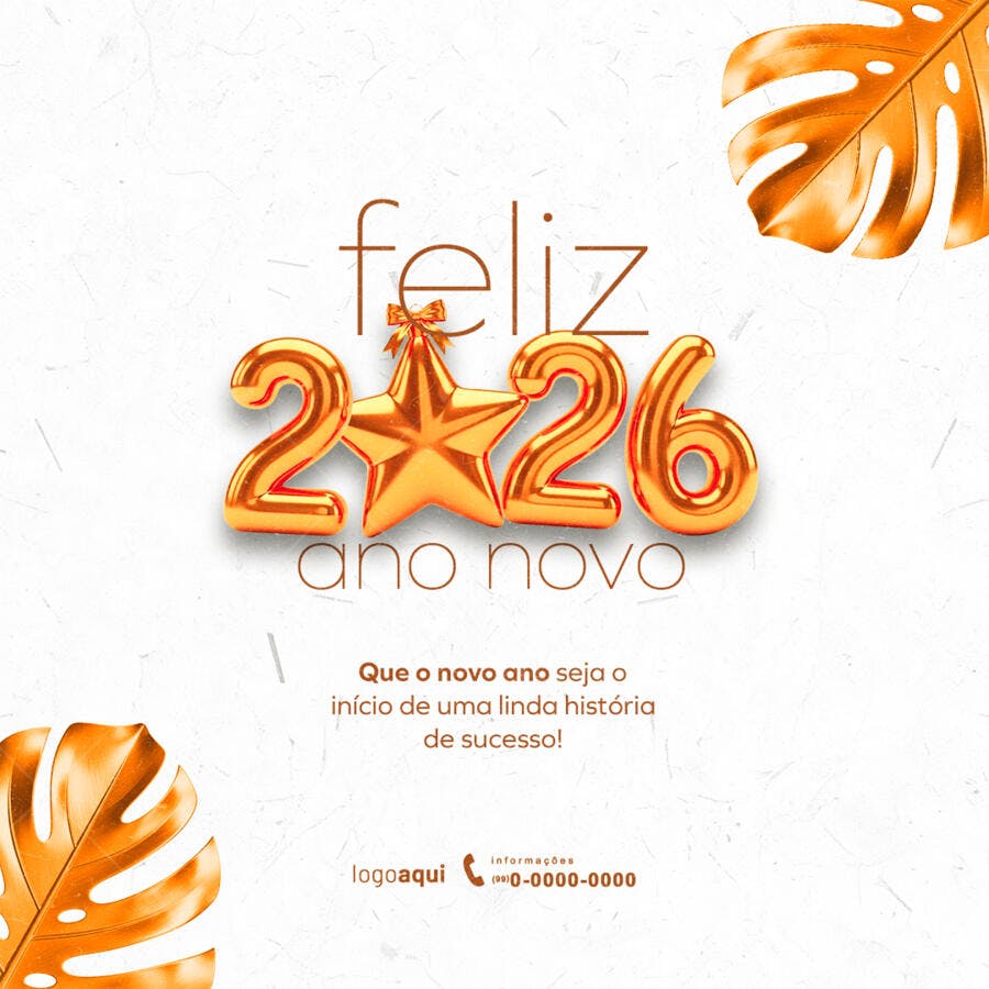 Post para Redes Sociais Feliz Ano Novo Dourado 3D Estrela PSD Editável