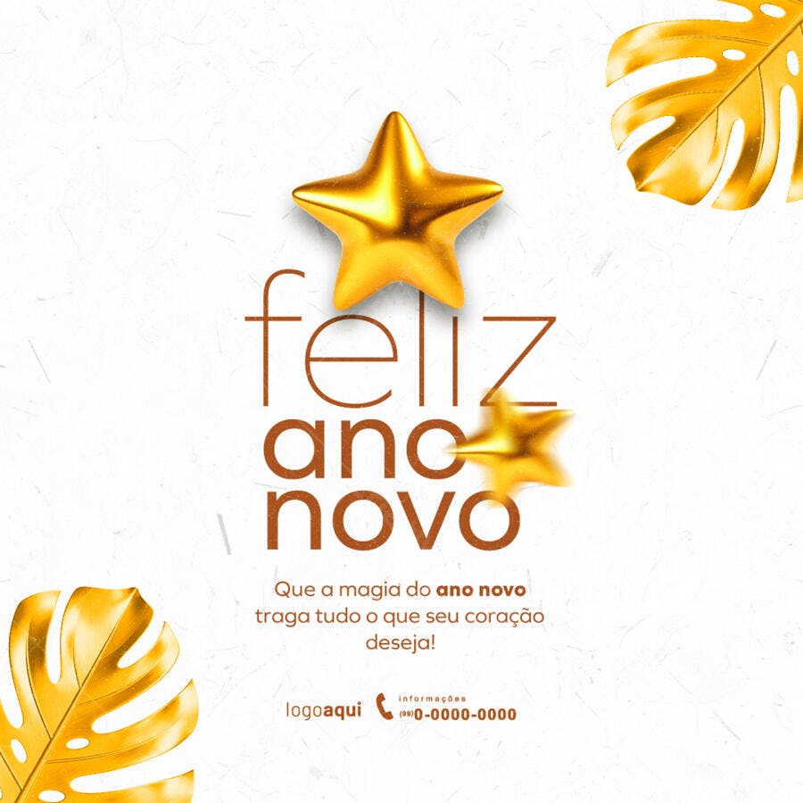 Post Redes Sociais Feliz Ano Novo Estrelas Douradas PSD Editável