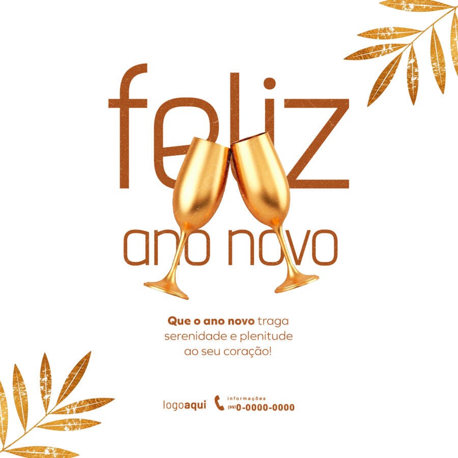 Cartão Feliz Ano Novo Dourado Taças PSD Editável
