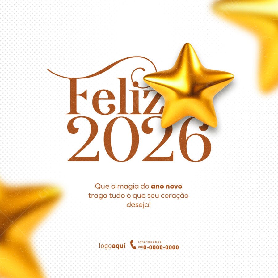 Post de Ano Novo Feliz 2026 Estrela Dourada PSD Editável