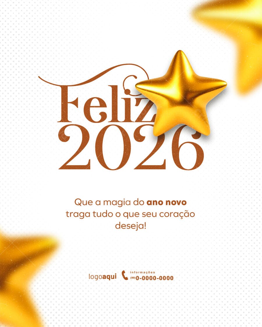 Card de Ano Novo 2026 com Estrela Dourada PSD Editável