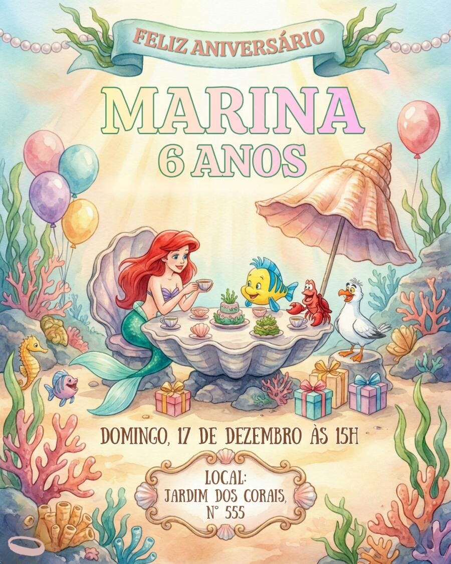 Convite aniversário infantil Ariel fundo do mar balões e corais coloridos Editável no Canva