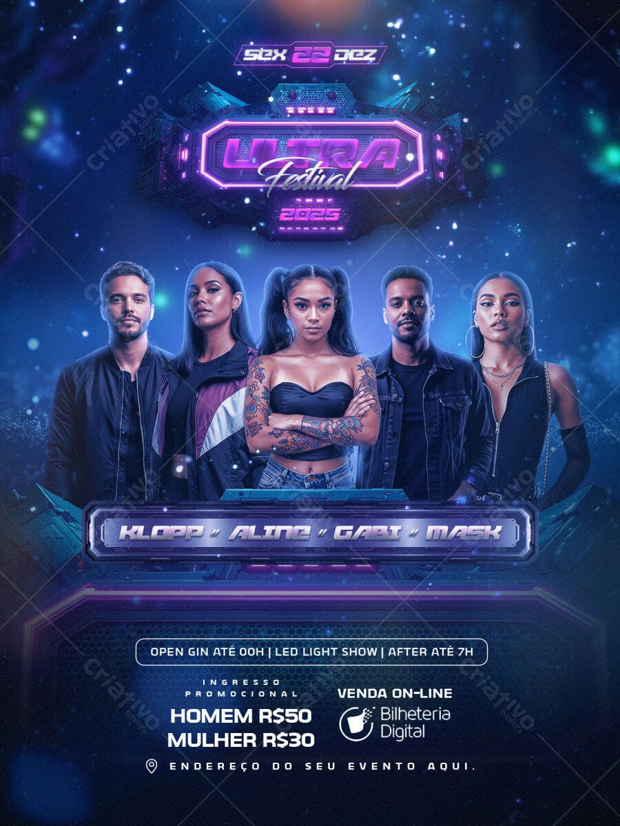 Flyer Festival ULTRA 2025 DJs Eletrônica Neon PSD Editável