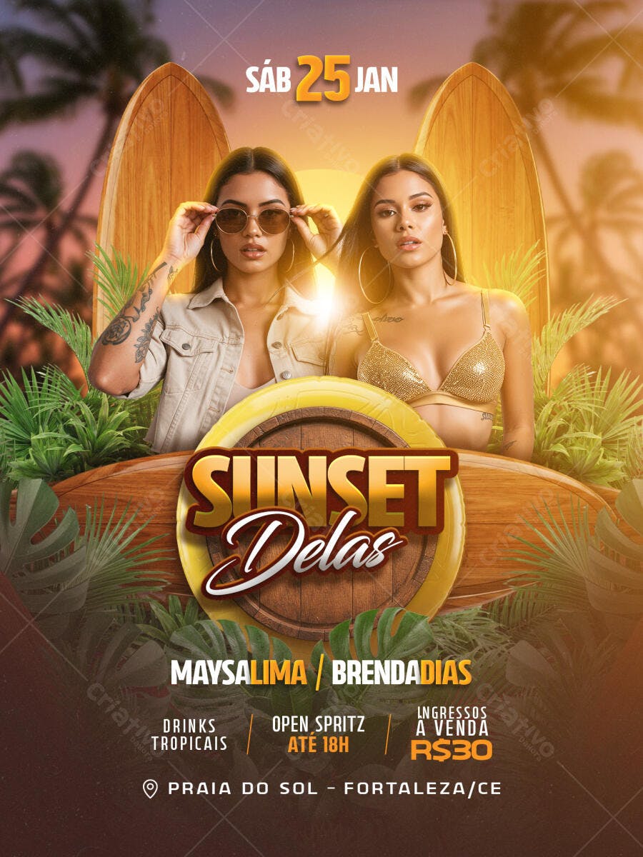 Flyer para Festa Sunset Delas Tropical com Mulheres PSD Editável