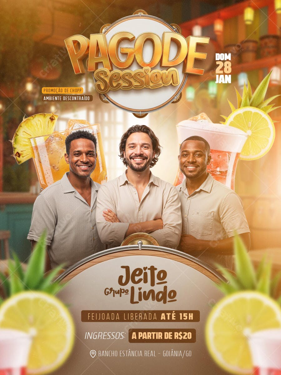 Flyer de Evento Pagode Session com 3 Homens Sorrindo e Feijoada PSD Editável