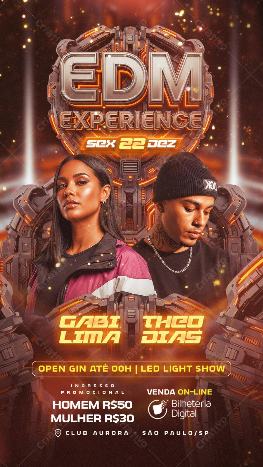 Flyer para Evento Balada EDM DJs Gabi Lima e Theo Dias Club Aurora PSD Editável
