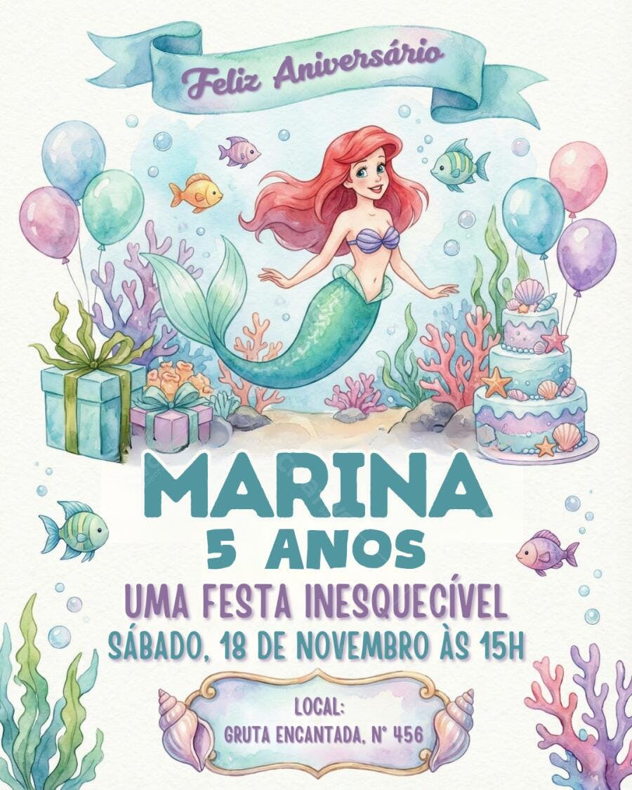 Convite de aniversário infantil sereia Ariel fundo do mar tons pastel aquarela Editável no Canva