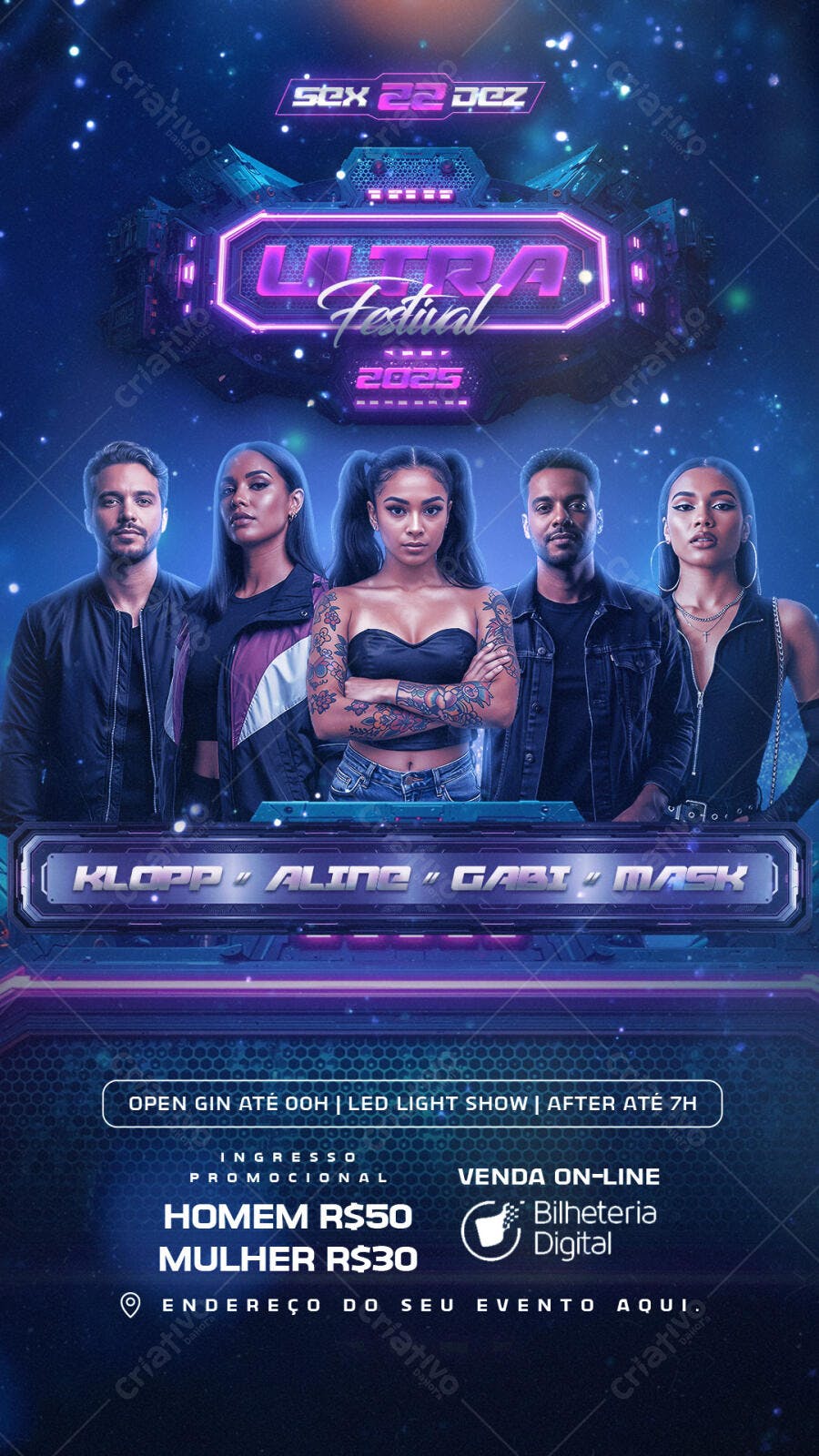 Flyer Festival Ultra 2025 Balada Neon DJs Roxa Psd Editável