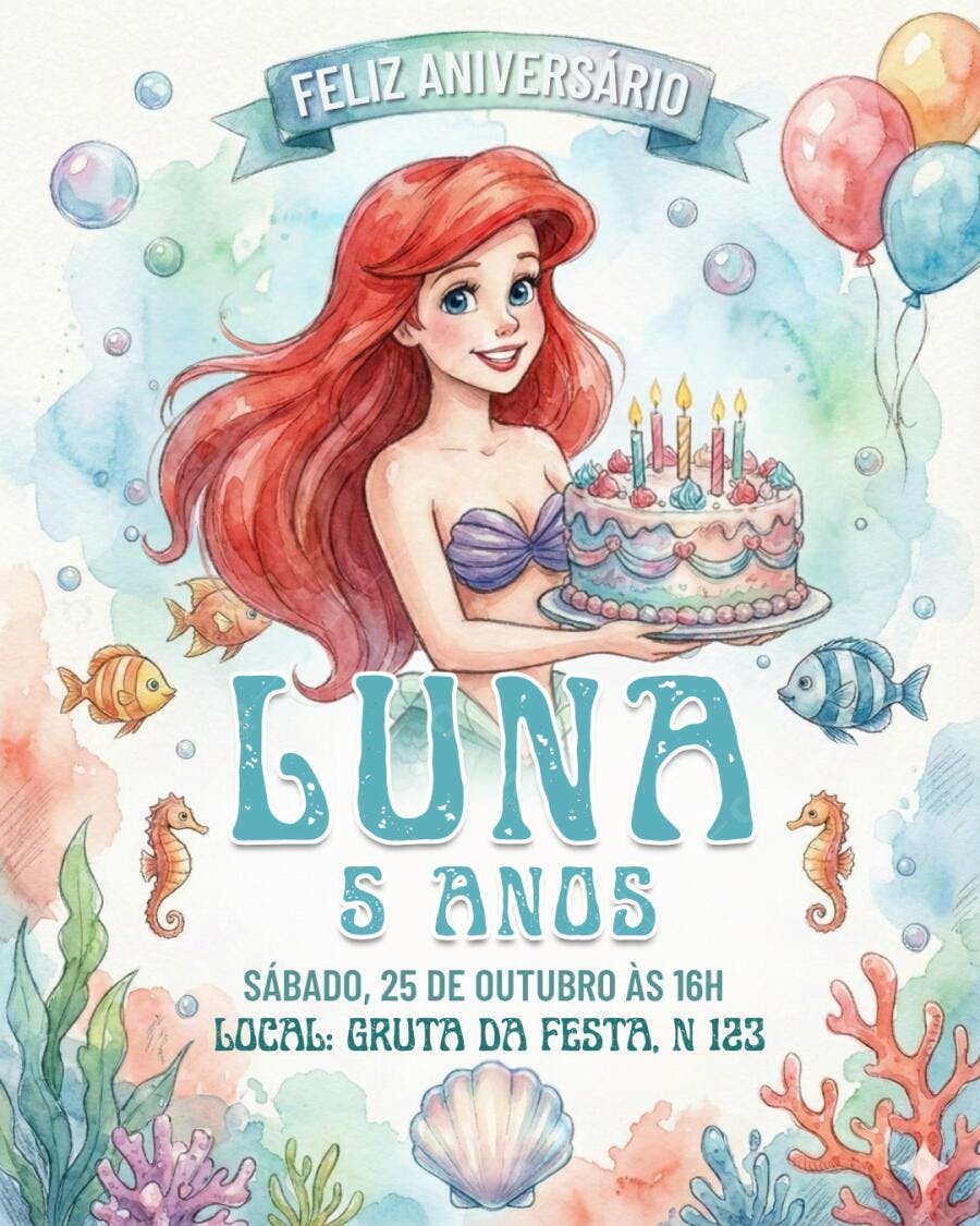 Convite Aniversário Sereia Ariel Lúdico Fundo do Mar Aquarela Editável no Canva