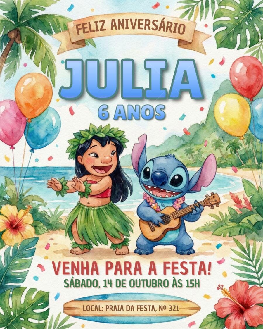 Convite de aniversário infantil Lilo e Stitch praia tropical com balões Editável no Canva