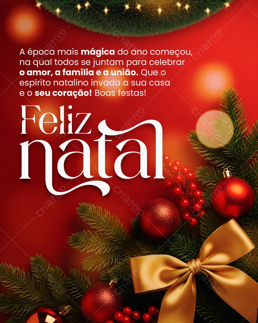 Post para Feliz Natal com Enfeites Dourados e Mensagem PSD Editável