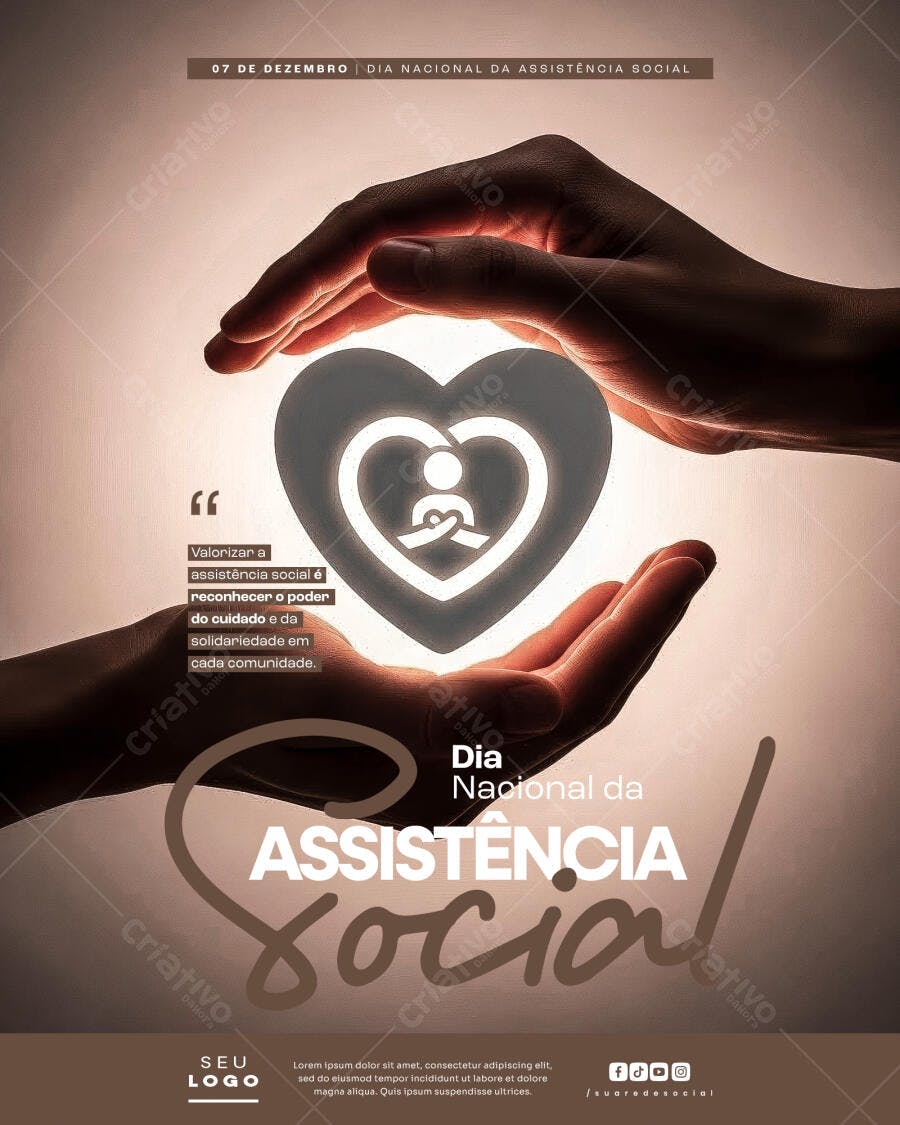 Post Social Dia Nacional da Assistência Social Mãos e Coração PSD Editável