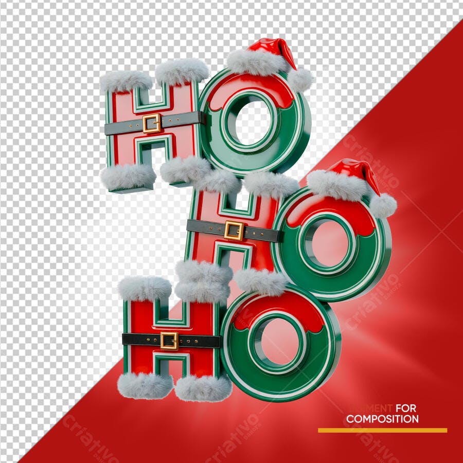 Selo 3D de texto natalino Ho Ho Ho festivo com pele vermelho verde e dourado