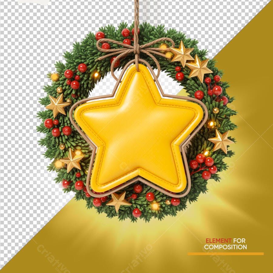 Selo 3D natalino com estrela dourada e guirlanda verde
