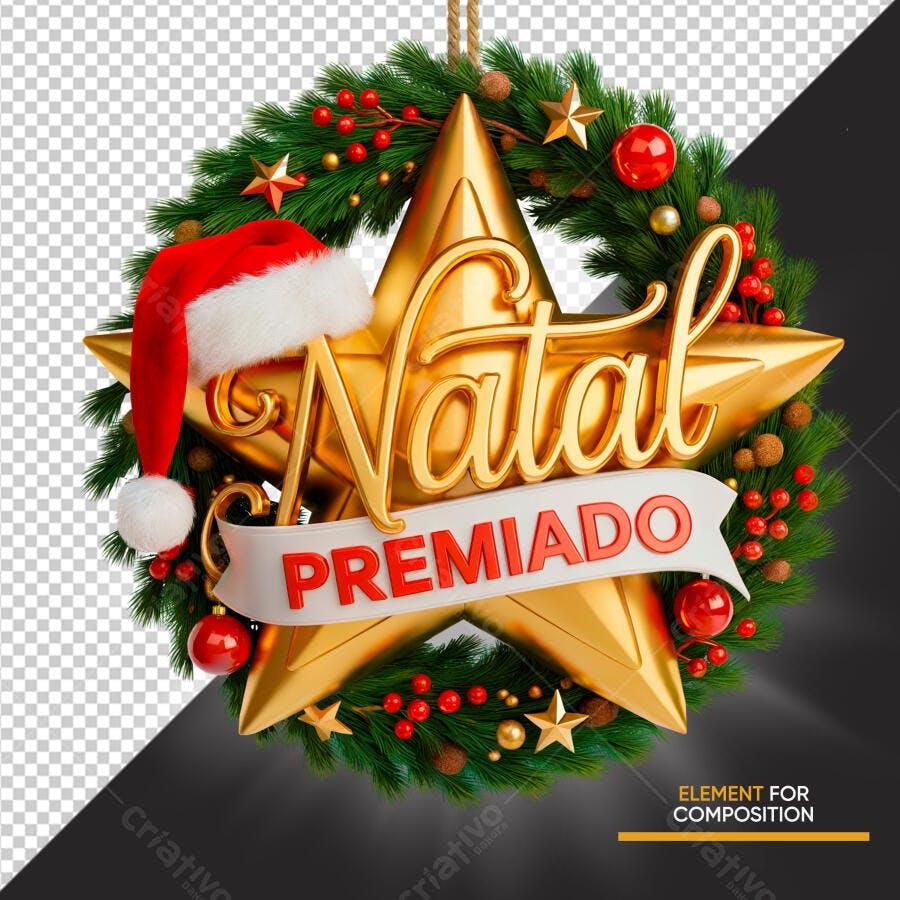 Selo 3D de premiação Natal dourado e vermelho com guirlanda festiva