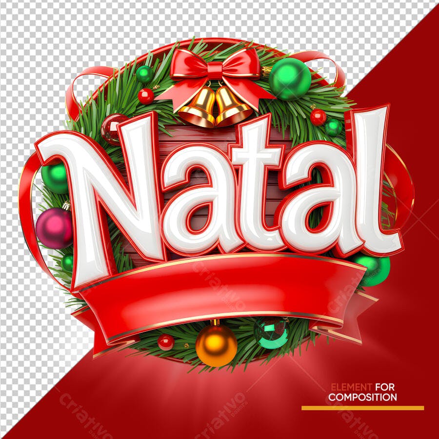 Selo 3D festivo de Natal com guirlanda texto branco laço vermelho e sinos dourados