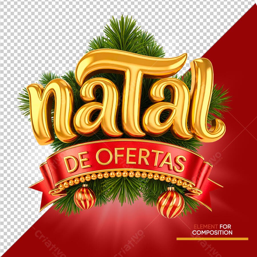 Selo 3D promocional natalino metalizado dourado com banner vermelho ofertas