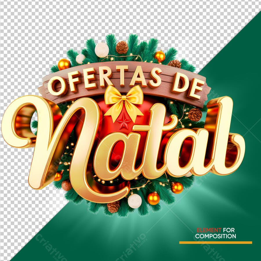 Selo 3D de Promoção Natal Dourado Metálico e Verde Festivo
