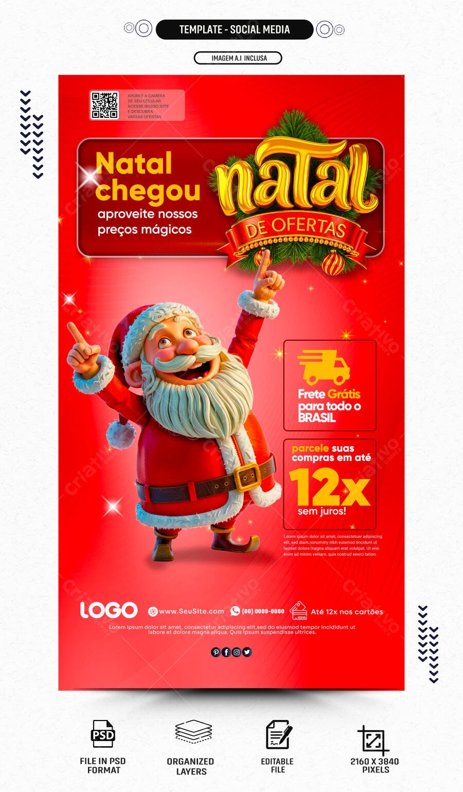 Flyer Natal de Ofertas com Papai Noel 3D e Frete Grátis PSD Editável