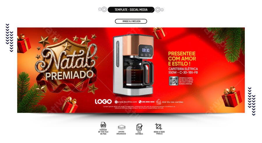 Flyer Social Media Natal Premiado Cafeteira Elétrica PSD Editável