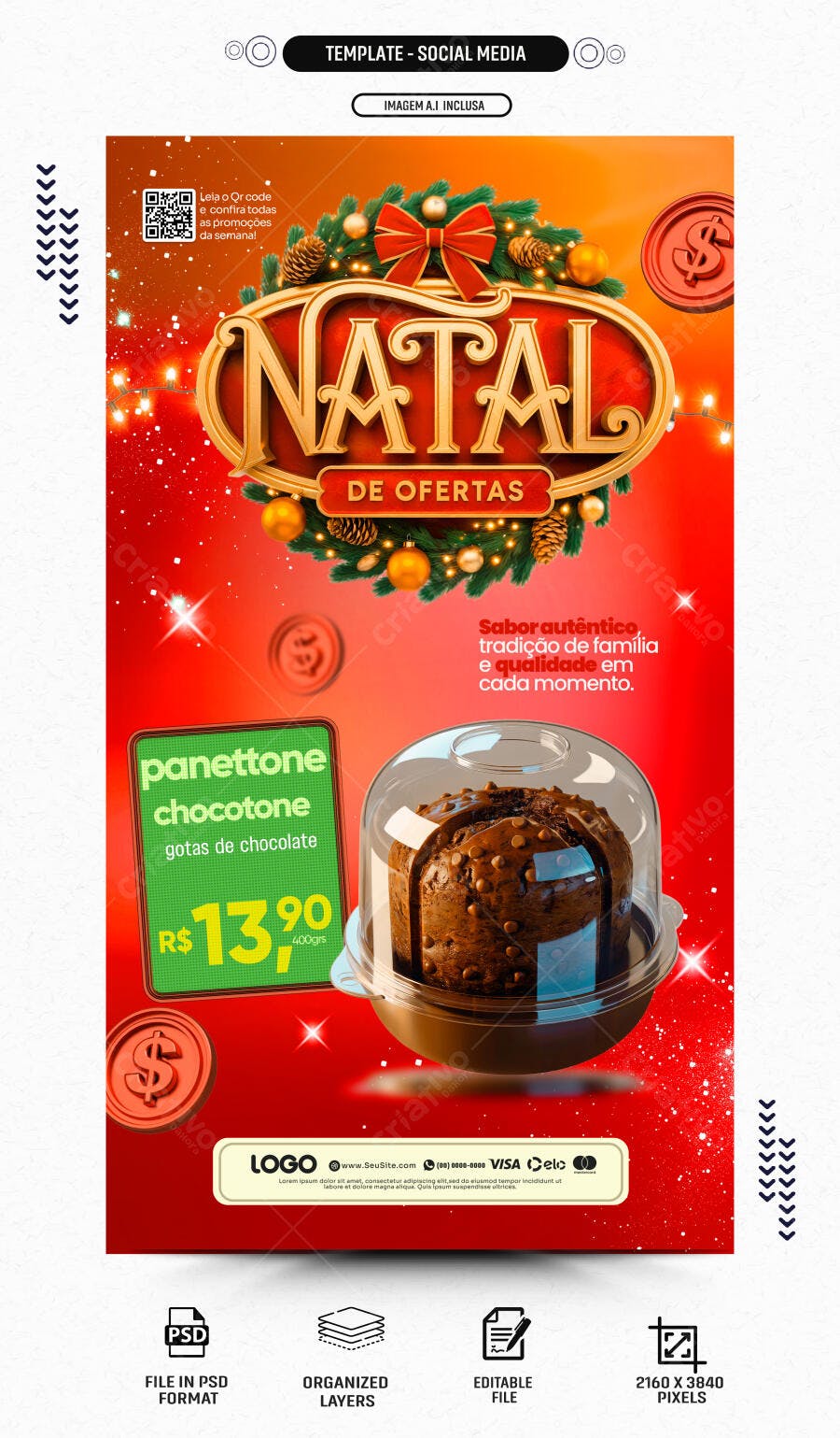 Flyer Natal de Ofertas Panettone Chocotone PSD Editável