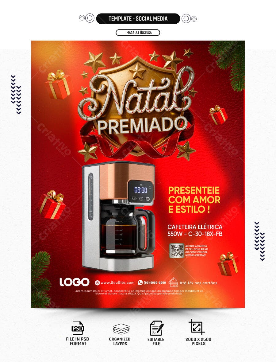 Flyer Natal Premiado Cafeteira Elétrica PSD Editável