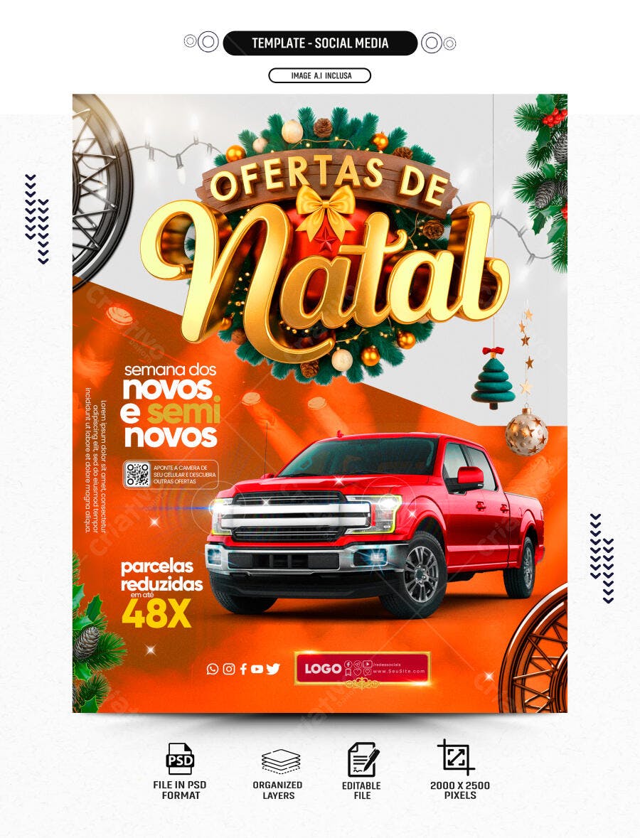 Flyer Ofertas de Natal para Veículos Novos e Seminovos PSD Editável