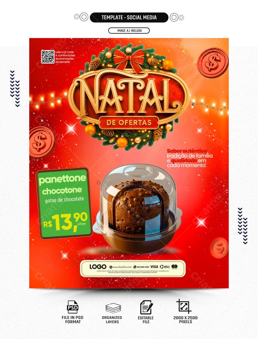 Flyer Natalino de Ofertas de Panettone PSD Editável