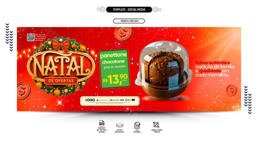 Post para Redes Sociais Natal de Ofertas Panettone Chocotone PSD Editável