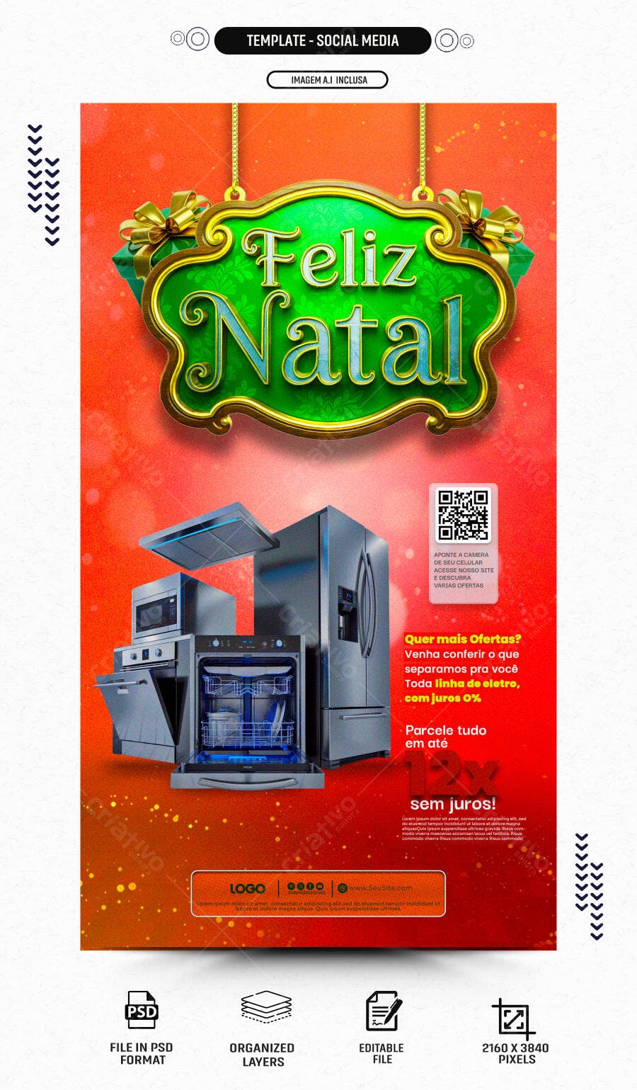Flyer para Feliz Natal e Ofertas de Eletrodomésticos PSD Editável