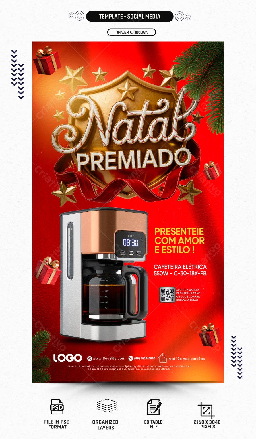 Flyer Social Media para Natal Premiado Cafeteira PSD Editável