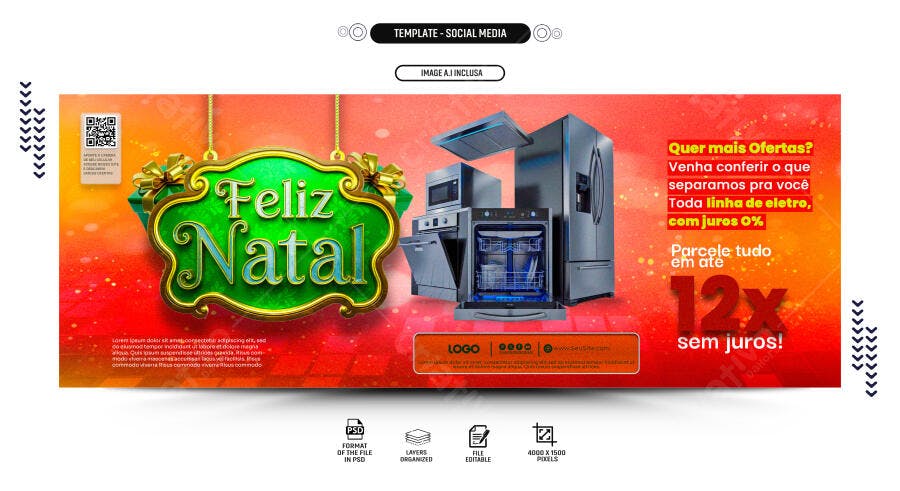 Banner Feliz Natal Eletrodomésticos 12x Sem Juros PSD Editável