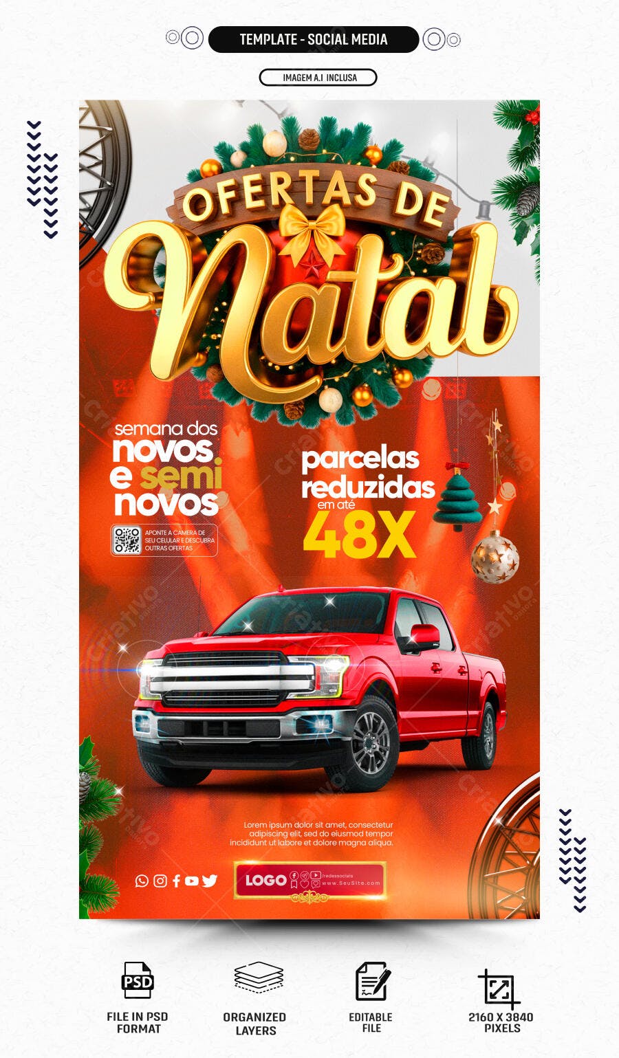 Flyer para Ofertas de Natal de Caminhonetes Novas e Seminovas PSD Editável