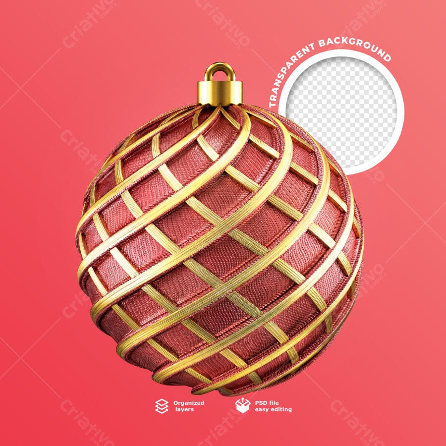 Elemento 3D Bola de Natal Vermelha Dourada para Festas PSD Editável