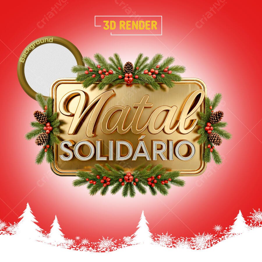 Selo 3D de campanha Natal Solidário metalizado dourado com folhagem natalina