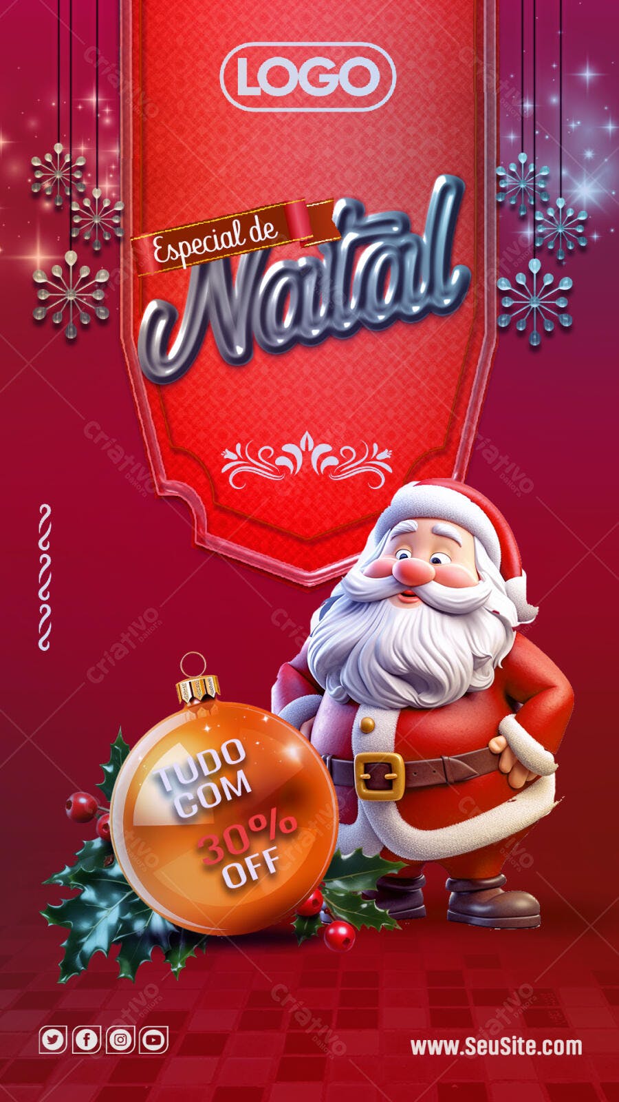 Flyer de Natal com Papai Noel 3D e 30% OFF PSD Editável
