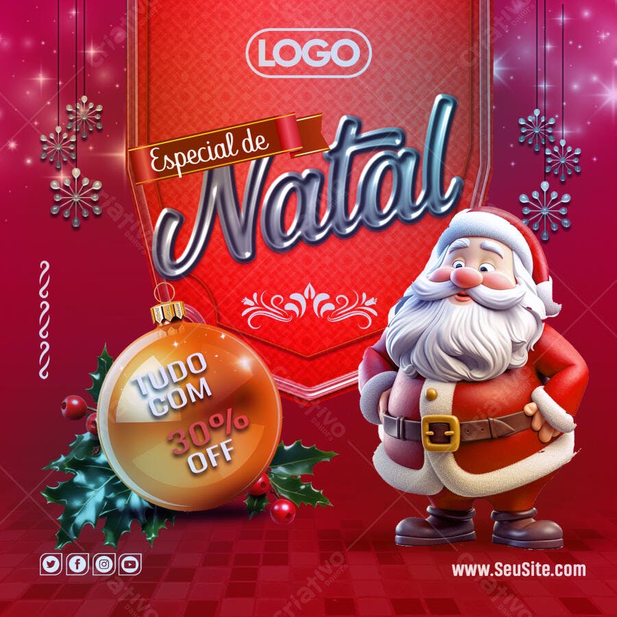 Post Redes Sociais para Natal com 30% OFF e Papai Noel PSD Editável