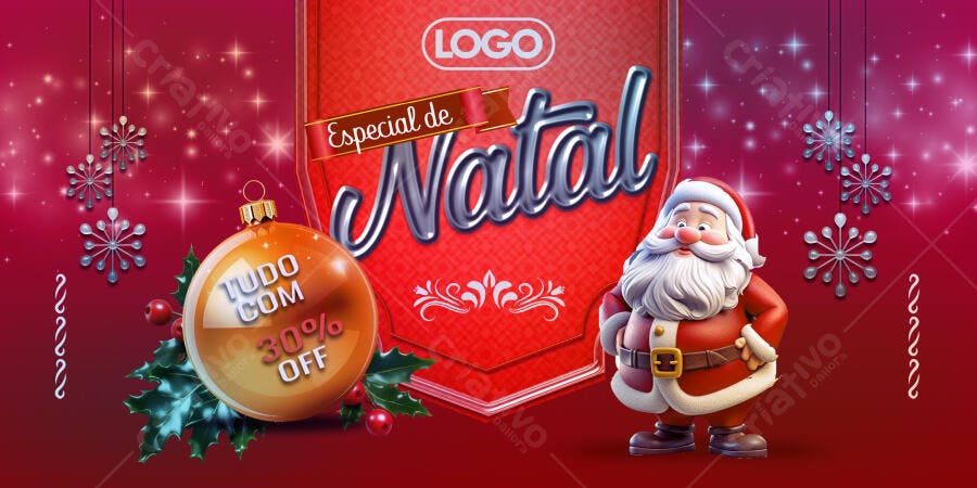 Flyer Especial de Natal 30% OFF com Papai Noel PSD Editável