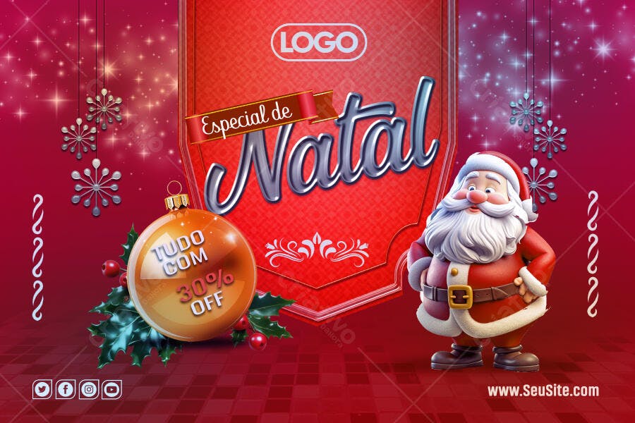 Flyer Promoção de Natal com Papai Noel 30% OFF PSD Editável