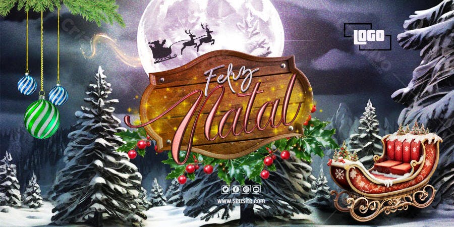 Post Natalino com Papai Noel e Trenó na Neve PSD Editável